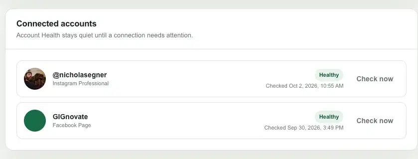 Connected Facebook and Instagram accounts inside the social media hub